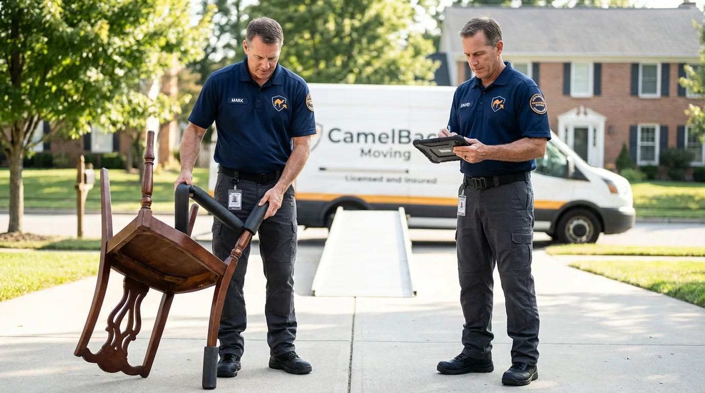 Movers inspecting furniture for damage prevention before loading in Pirtleville, AZ