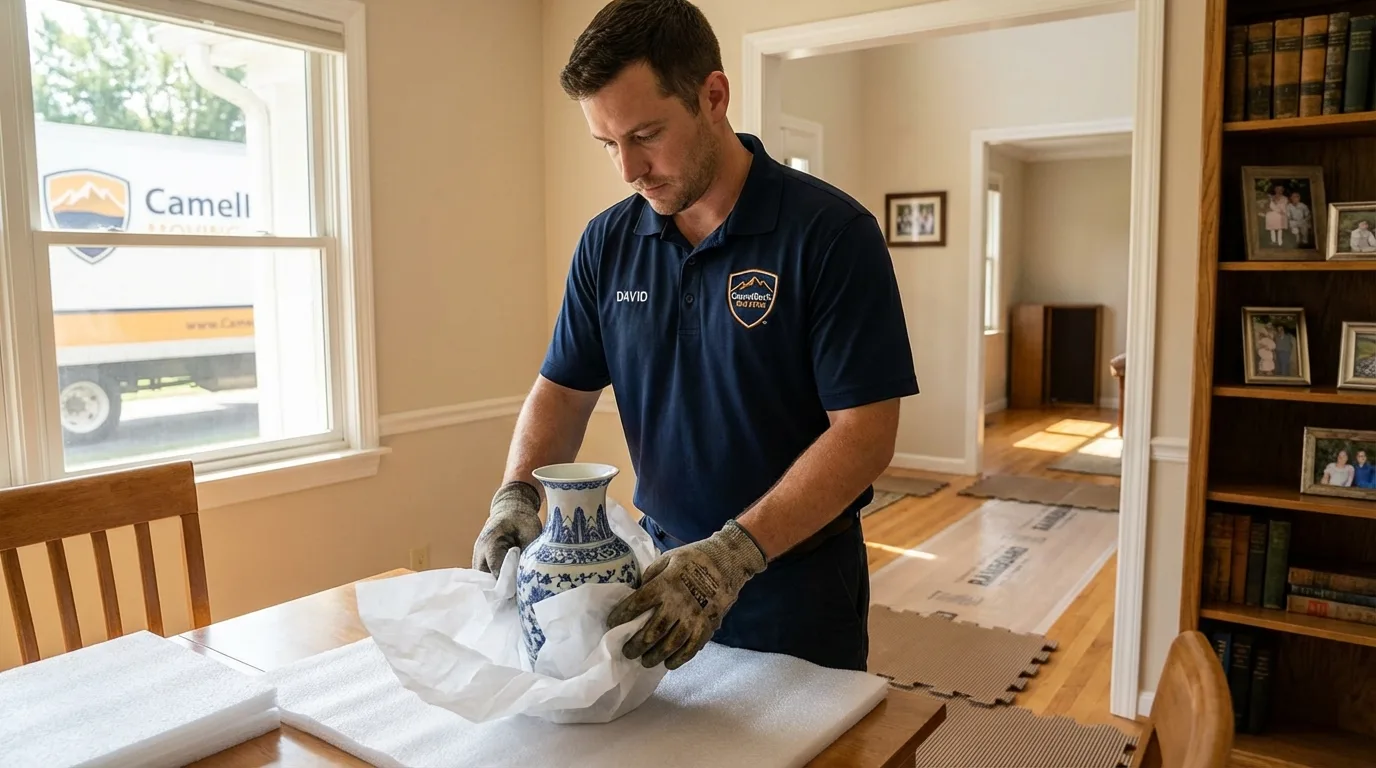 Professional crew carefully wrapping antique vase for senior downsizing move in Pirtleville, AZ